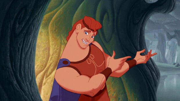 Animated Hercules smiling and gesturing inside a cave setting