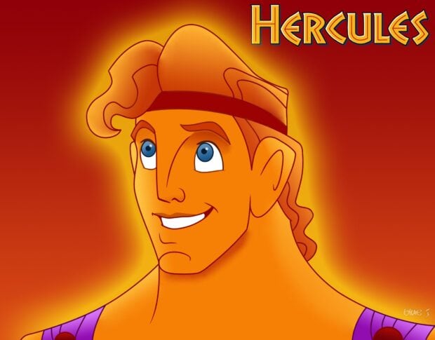 Smiling Hercules character with curly hair and blue eyes on orange background