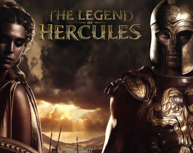 The legend of Hercules hero in ancient armor with a warrior background