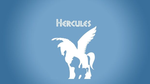 White silhouette of a winged horse with a foal on a blue background featuring Hercules text