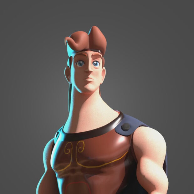 Hercules character with strong muscles and determined expression standing in a heroic pose