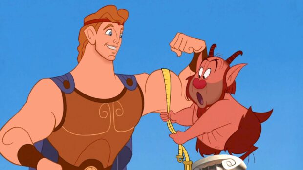 Hercules showing his muscle while a satyr measures it with a tape