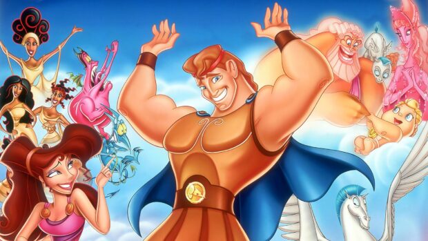 Hercules smiling with friends from the animated Hercules movie