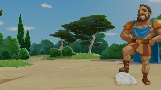 Hercules standing confidently with one foot on a rock in a nature setting