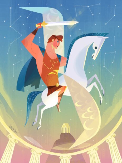 Hercules holding a sword riding a white horse in a mythical scene with ancient columns