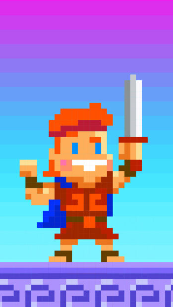 Pixel art Hercules character holding a sword with a blue cape on a colorful background