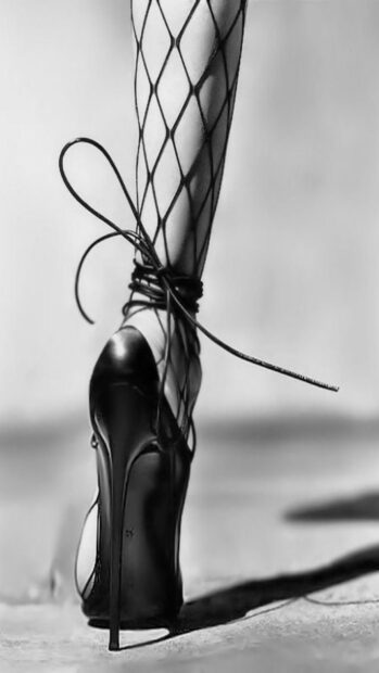 A leg wearing fishnet stocking with high heel lace up shoe on a smooth surface