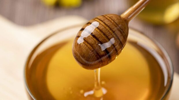 A wooden honey dipper dripping golden honey into a bowl of honey