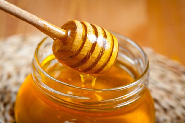 Close up of honey dripping from wooden dipper into glass jar of honey