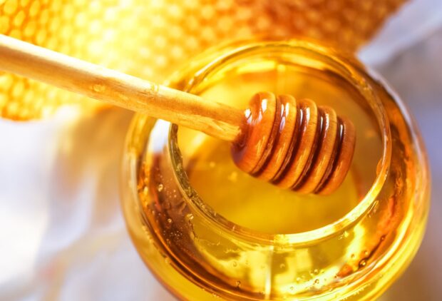 Wooden honey dipper immersed in golden honey inside a glass jar