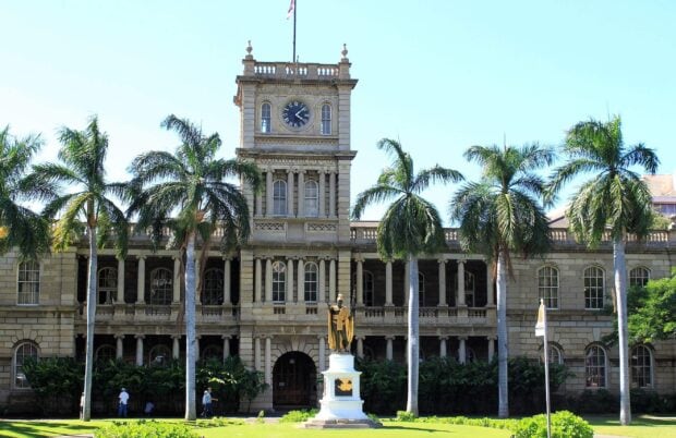 The statue in front of the historic Honolulu building with palm trees around