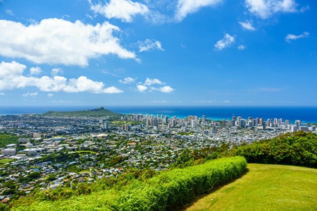 A scenic view of Honolulu city with lush greenery and clear blue sky in the background