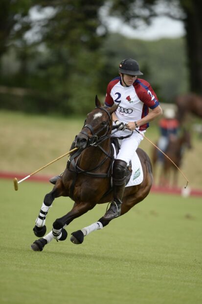 A horse polo player in action riding a horse on the field during a match