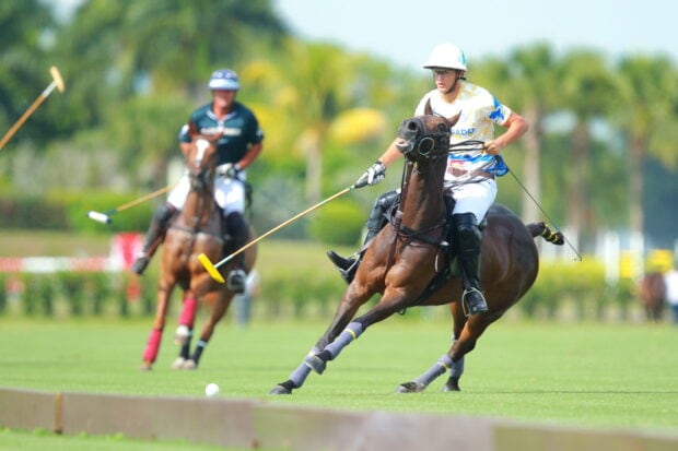 A horse polo player riding a brown horse skillfully during a match on the green field
