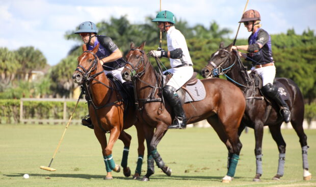 Three players riding horses during a horse polo match on a green field