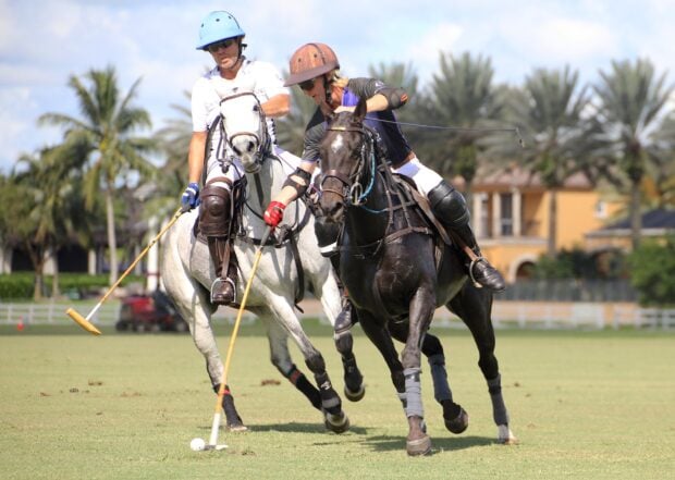 Two horse polo players competing intensely during a match on green grass field