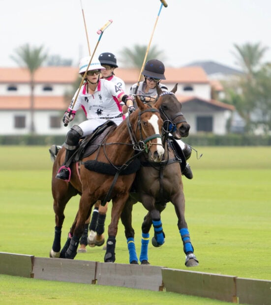 Two players competing in a horse polo match riding horses on a green field