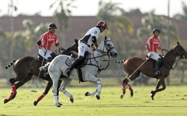 A horse polo player riding a grey horse during a fast paced match on the field