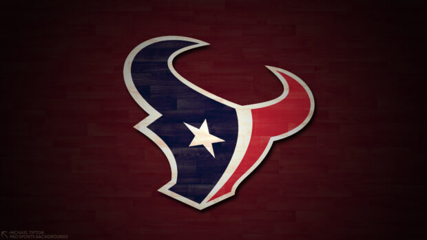 Houston Texans logo with star and bull horns on a wooden textured background