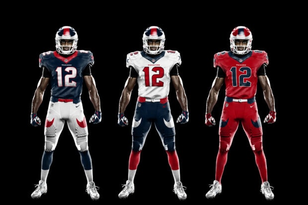 Houston Texans player wearing three different uniform designs in a high quality sports photo