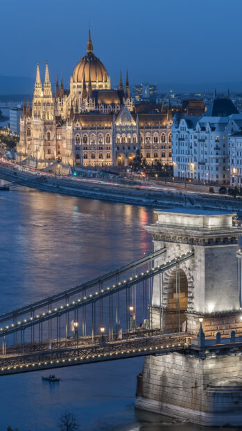 Stunning view of Hungarian Parliament building at night in Hungary cityscape