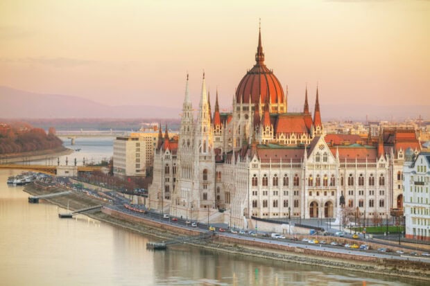 The Hungarian Parliament building in Budapest with river and cityscape in the background