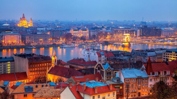 Evening cityscape of Budapest with Danube River and historic buildings in Hungary