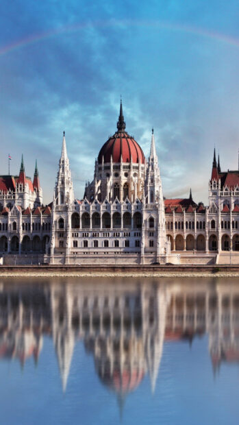The Hungarian Parliament building with a detailed facade reflected on the river water