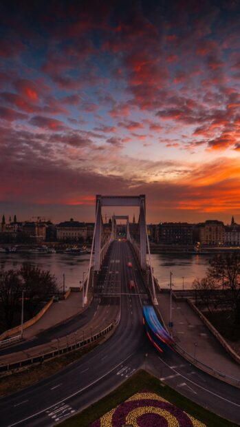 Elizabeth bridge viewed at sunset with vibrant sky colors in Hungary