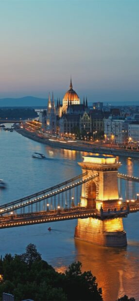 The stunning parliament building illuminated at dusk in Hungary cityscape