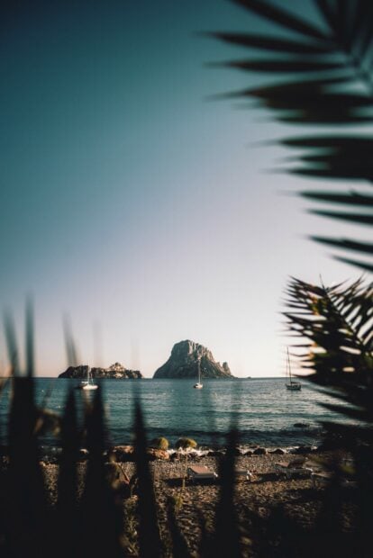 A peaceful Ibiza scene with boats near rocky islands framed by palm leaves at the beach