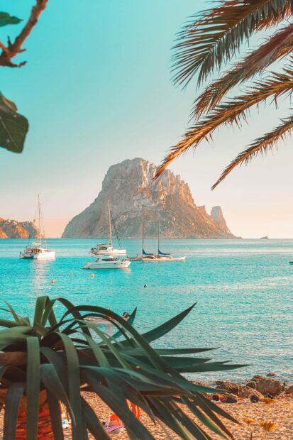 Palm trees and boats near the Ibiza coast with a large rock island in the distance