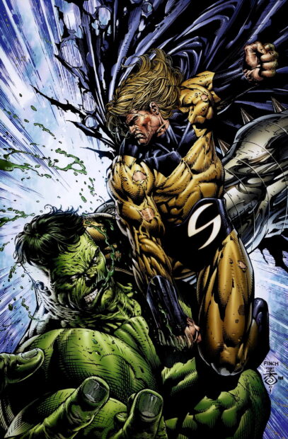A fierce battle between Incredible Hulk and a muscular blond superhero in a dynamic comic scene