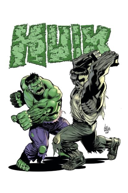 Two Incredible Hulk characters in fighting poses with a bold green Hulk text above them