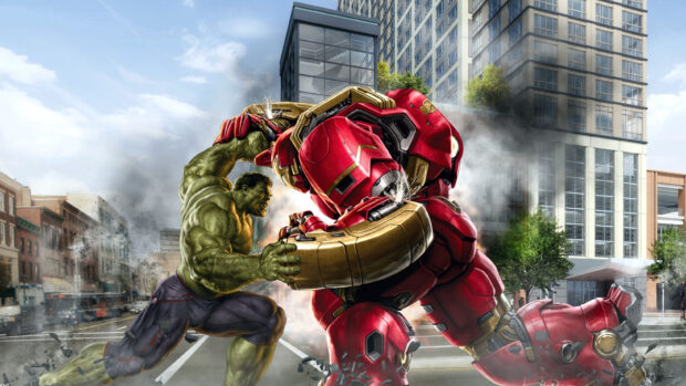 The Incredible Hulk battling a red armored robot in a city street scene