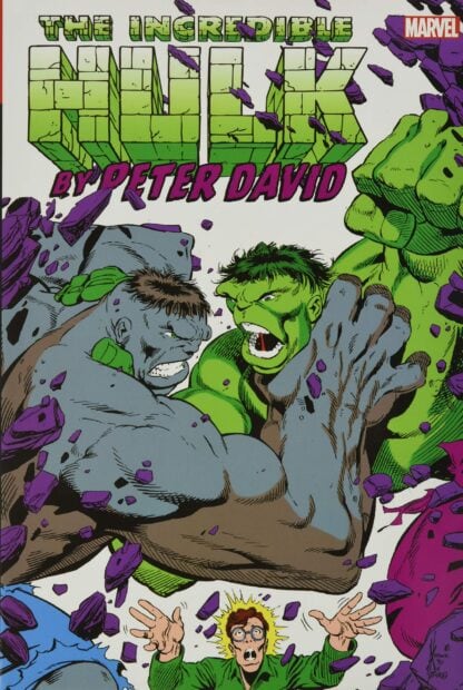 A classic comic cover showing two Hulk characters fighting intensely with a shocked man below