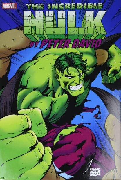 The Incredible Hulk in a dynamic fighting pose with torn purple pants and green muscles