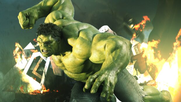 The Incredible Hulk is shown in an aggressive pose with fire and destruction in the background