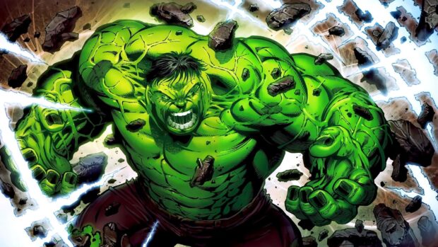 The Incredible Hulk roaring fiercely with debris flying around in an intense action scene