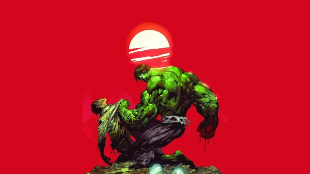 Incredible Hulk holding another Hulk character against a red background with a white sun shape