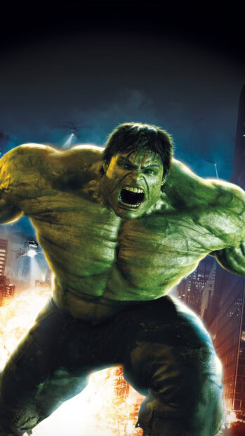 Angry Incredible Hulk showing his strength in a city battle scene