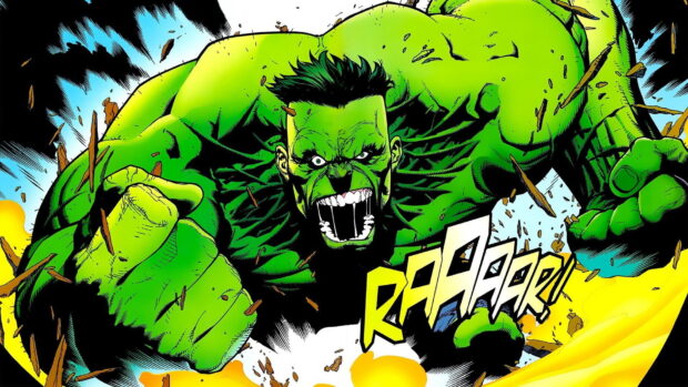 Incredible Hulk character roaring and smashing through debris in this fierce comic scene
