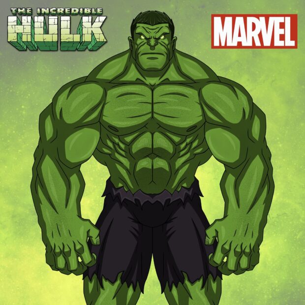 Strong Incredible Hulk character standing with glowing eyes and muscular body