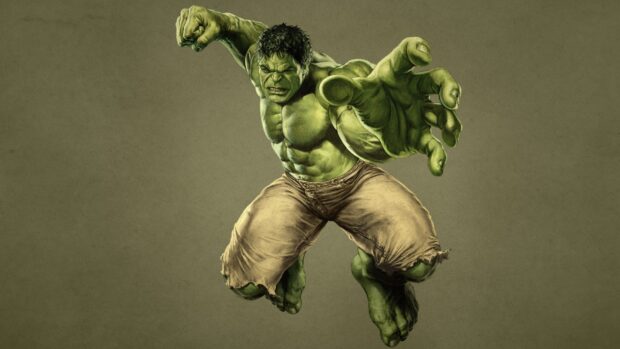 The incredible hulk is jumping forward with an aggressive expression