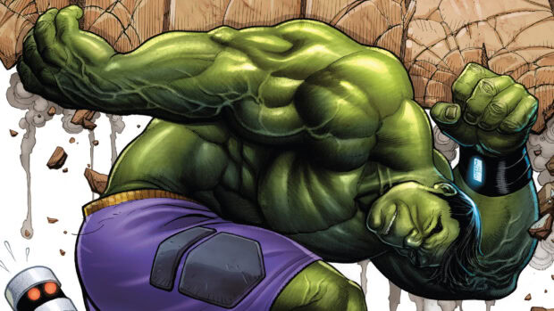 Incredible Hulk in purple shorts breaking through a wall with powerful punch and muscular body