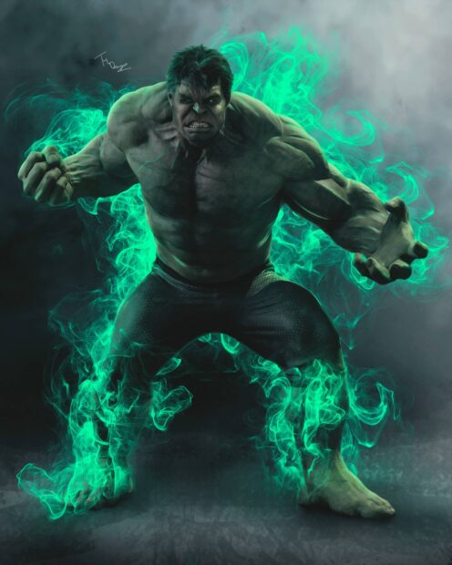 Incredible Hulk showing his strength with green energy flames around him