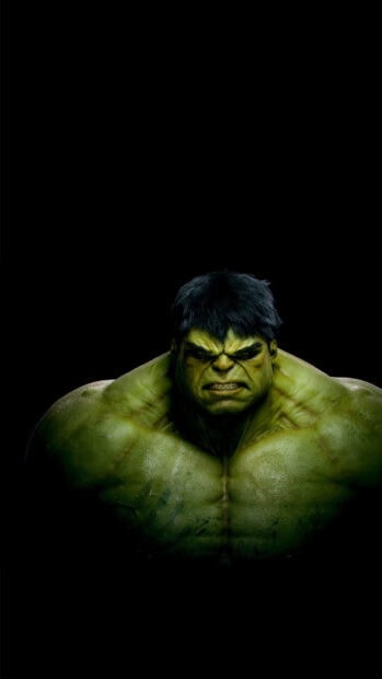 Incredible Hulk character showing fierce expression and muscular upper body in dark background