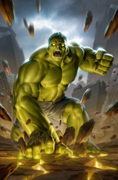 Furious Incredible Hulk smashing the ground with intense power and glowing eyes