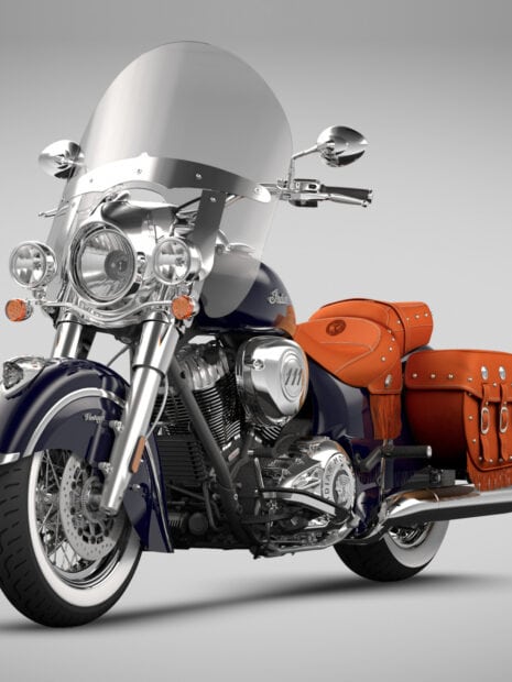 Classic Indian motorcycle with vintage design and leather saddlebags in detailed view