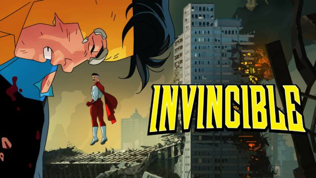 Invincible character floating above ruined cityscape in a dramatic scene